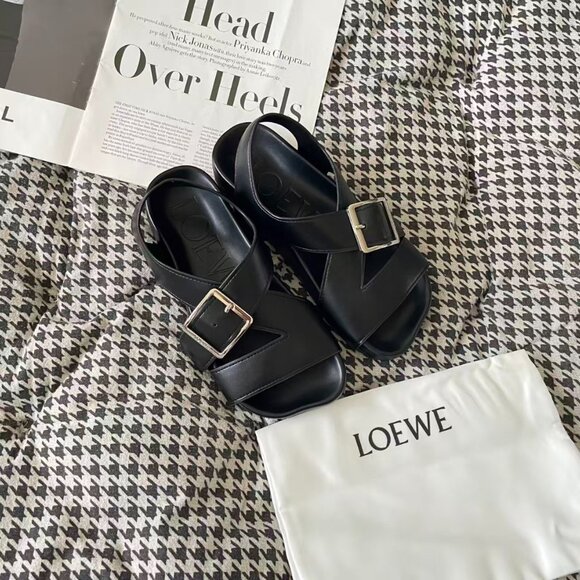 Loewe Ease Buckle sandal in vegetal calfskin Women Black Sandals